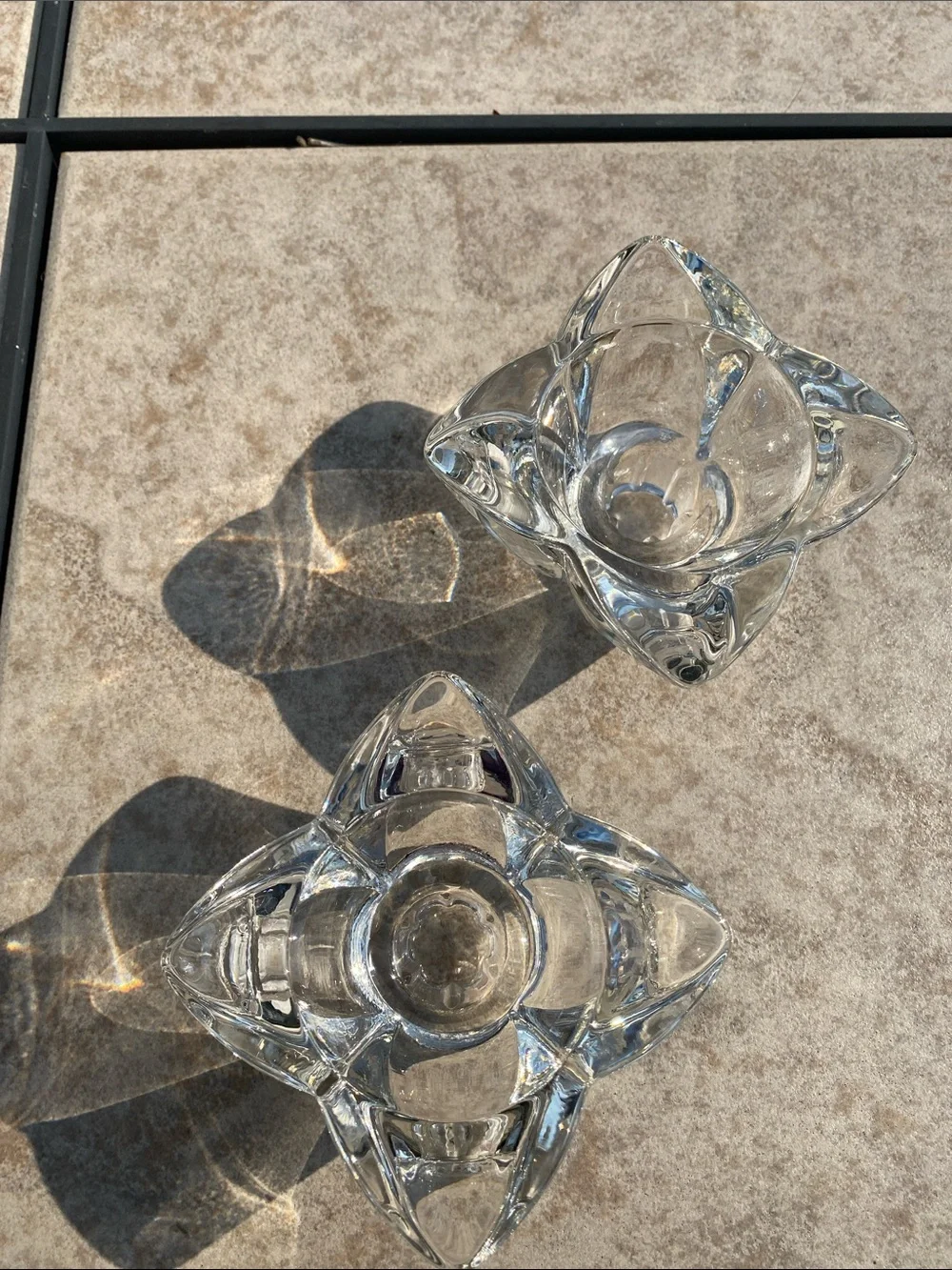Vintage Heavy Clear Crystal Candle Holders Four-Sided Blooming Petals- Set of 2